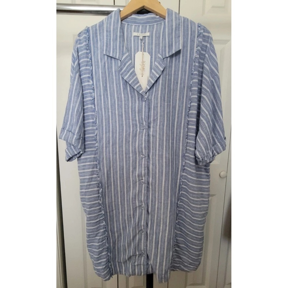 Z Supply Jayden Stripped Shirt Dress  Blue Linen Rayon Blend Oversized New sz L